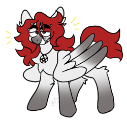 Size: 1280x1277 | Tagged: safe, artist:bunnykitty13, derpibooru import, oc, oc only, pegasus, beauty mark, colored muzzle, colored wings, colored wingtips, ear fluff, ears, emanata, eye clipping through hair, eyebrow piercing, eyebrow slit, eyebrows, eyebrows visible through hair, folded wings, gradient hooves, gray eyes, large wings, leg fluff, lidded eyes, lip piercing, long mane male, male, pegasus oc, pentagram, piercing, signature, simple background, smiling, snake bites, solo, stallion, standing, thick eyebrows, two toned wings, unnamed oc, watermark, white background, white coat, wings