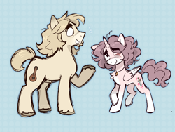 Size: 1280x960 | Tagged: safe, artist:bunnykitty13, derpibooru import, oc, oc only, oc:eliot, oc:paulie, alicorn, earth pony, pony, alicorn oc, blonde, blonde mane, blonde tail, border, brown eyes, chest fluff, coat markings, colored eartips, colored hooves, colored muzzle, colored pinnae, colored wings, colored wingtips, concave belly, curly hair, curly mane, curly tail, duo, duo male, earth pony oc, emanata, eye clipping through hair, eye scar, eyebrows, eyebrows visible through hair, facial scar, folded wings, grid, height difference, horn, jewelry, long mane male, looking at someone, looking back, male, messy mane, messy tail, necklace, one eye closed, patterned background, physique difference, pink coat, pink mane, pink tail, ponified, ponified oc, profile, raised hoof, raised leg, scar, short tail, shy, smiling, socks (coat marking), species swap, standing, tail, thick eyebrows, two toned wings, unshorn fetlocks, wingding eyes, wings, yellow coat