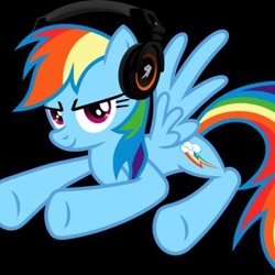 Size: 400x400 | Tagged: artist needed, safe, derpibooru import, rainbow dash, black background, headphones, simple background, solo