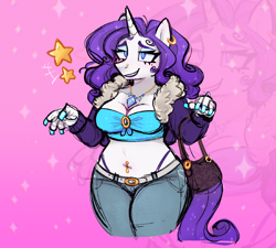 Size: 1280x1153 | Tagged: safe, alternate version, artist:bunnykitty13, derpibooru import, rarity, anthro, pony, unicorn, g4, abstract background, belly button, belly piercing, belt, blue eyes, bra, breasts, bridge piercing, cleavage, clothes, colored eyebrows, curly hair, curly mane, curly tail, denim, ear piercing, earring, emanata, eyeshadow, female, horn, jacket, jeans, jewelry, lidded eyes, lipstick, makeup, mare, necklace, painted nails, panties, pants, piercing, purple mane, purple tail, purse, raised arms, smiling, solo, sparkles, sparkly mane, sparkly tail, stars, tail, thick eyelashes, thong, underwear, unicorn horn, white coat, zoom layer