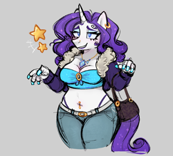 Size: 1280x1153 | Tagged: safe, alternate version, artist:bunnykitty13, derpibooru import, rarity, anthro, pony, unicorn, g4, belly button, belly piercing, belt, blue eyes, bra, breasts, bridge piercing, cleavage, clothes, colored eyebrows, curly hair, curly mane, curly tail, denim, ear piercing, earring, emanata, eyeshadow, female, gray background, horn, jacket, jeans, jewelry, lidded eyes, lipstick, makeup, mare, necklace, painted nails, panties, pants, piercing, purple mane, purple tail, purse, raised arms, simple background, smiling, solo, sparkly mane, sparkly tail, stars, tail, thick eyelashes, thon, thong, underwear, unicorn horn, white coat