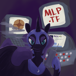 Size: 2000x2000 | Tagged: artist needed, safe, derpibooru import, nightmare moon, alicorn, pony, g4, /mlp/ tf2 general, buttons, cigarette, computer, keyboard, mlp.tf, monitor, text, tf2 logo, walkie talkie