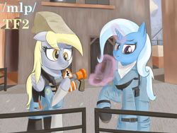 Size: 1280x960 | Tagged: artist needed, safe, derpibooru import, derpy hooves, trixie, pegasus, unicorn, /mlp/ tf2 general, 4chan, badwater, bag, horn, magic, paper bag, railing, team fortress 2, telekinesis