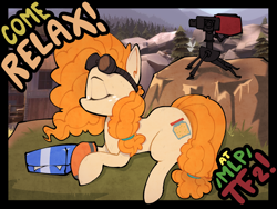 Size: 1200x900 | Tagged: artist needed, safe, derpibooru import, pear butter, earth pony, pony, g4, /mlp/ tf2 general, 4chan, goggles, goggles on head, intel, rock, sentry, sentry gun, team fortress 2, text