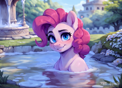 Size: 2048x1472 | Tagged: safe, ai content, derpibooru import, generator:easyfluff v11.2, generator:stable diffusion, machine learning generated, pinkie pie, earth pony, pony, g4, building, day, female, flower, fountain, heart, illustration, looking at you, park, partially submerged, prompter:raif, smiling, smiling at you, solo, tree, wallpaper, water, watermark