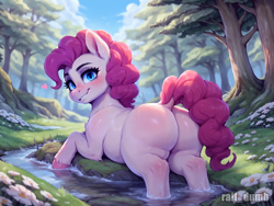 Size: 2048x1536 | Tagged: safe, ai content, derpibooru import, generator:easyfluff v11.2, generator:stable diffusion, machine learning generated, pinkie pie, earth pony, pony, g4, balloonbutt, butt, day, dock, female, flower, heart, illustration, looking at you, looking back, looking back at you, lying down, park, pinkie thighs, plot, prompter:raif, prone, river, smiling, smiling at you, solo, stream, tail, thunder thighs, tree, wallpaper, water, watermark