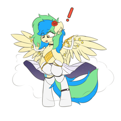 Size: 2700x2700 | Tagged: safe, alternate version, artist:hcl, derpibooru import, oc, oc only, oc:hcl, pegasus, pony, bipedal, chest fluff, choker, clothes, dress, ear fluff, ears, exclamation point, eye clipping through hair, eyebrows, eyebrows visible through hair, flower, flower in hair, marilyn monroe, open mouth, solo, spread wings, stockings, surprised, thigh highs, wings