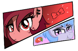 Size: 267x176 | Tagged: safe, artist:starbounce, artist:truthormare, derpibooru import, oc, oc:lucky roll, oc:red woods, bat pony, earth pony, pony, bowtie, duo, ear piercing, earring, eyeshadow, female, food, freckles, gradient background, jewelry, looking at you, makeup, mango, mare, piercing, smiling