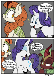 Size: 1943x2664 | Tagged: safe, artist:icey, derpibooru import, autumn blaze, cinder glow, rarity, summer flare, kirin, pony, unicorn, g4, 2 panel comic, comic, compliment, dialogue, eyebrows, eyes closed, female, gray background, hoof on chin, horn, laughing, lidded eyes, mare, open mouth, raised eyebrow, shining, simple background, smiling, sparkles