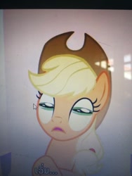 Size: 640x853 | Tagged: safe, derpibooru import, screencap, applejack, cursed image, horizontal pupils, irl, photo, picture of a screen