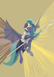Size: 4000x5660 | Tagged: safe, artist:gemm, derpibooru import, oc, oc only, bat pony, pony, abstract background, armor, axe, flying, night guard, solo, weapon