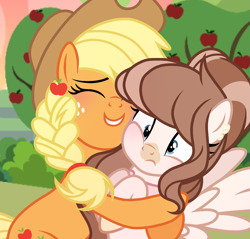 Size: 1131x1080 | Tagged: safe, artist:cstrawberrymilk, derpibooru import, applejack, oc, oc:strawberry milk, pegasus, pony, alternate hairstyle, apple, apple tree, braid, hug, tree