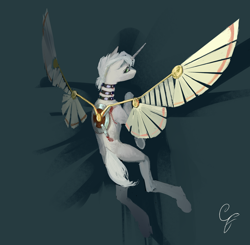 Size: 4074x4000 | Tagged: safe, artist:gemm, derpibooru import, oc, oc only, pony, unicorn, abstract background, artificial wings, augmented, bleeding, blood, horn, looking back, male, raised hoof, raised leg, solo, stallion, wings