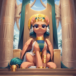 Size: 1536x1536 | Tagged: safe, ai content, derpibooru import, generator:stable diffusion, machine learning generated, somnambula, pegasus, pony, g4, ancient egypt, bracelet, clothes, cloud, column, curtains, egypt, egyptian headdress, egyptian pony, female, frown, generator:autismmix pony, gold, hoof shoes, jewelry, looking at you, looking down, looking down at you, low angle, makeup, mare, mascara, palm tree, partially open wings, prompter:tyto4tme4l, regal, sitting, sky, solo, tail, tail jewelry, throne, tree, wings