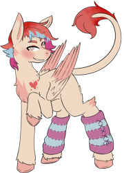 Size: 770x1070 | Tagged: safe, artist:squeezymouse, derpibooru exclusive, derpibooru import, oc, oc only, oc:cardia, pegasus, pony, adoptable, adopted, ambiguous gender, birthmark, blank flank, chest fluff, clothes, gradient mane, leg warmers, leonine tail, multicolored mane, simple background, solo, standing, swirly eyes, tail, transparent background, unshorn fetlocks, wingding eyes