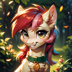 Size: 1024x1024 | Tagged: safe, ai content, derpibooru import, generator:pony diffusion v6 xl, generator:stable diffusion, machine learning generated, roseluck, earth pony, pony, blushing, bust, cheek fluff, chest fluff, collar, cute, ear fluff, ears, female, flower, fluffy, grin, looking at you, mare, outdoors, pet collar, pet tag, pony pet, portrait, prompter:doom9454, rose, rosepet, smiling, smiling at you