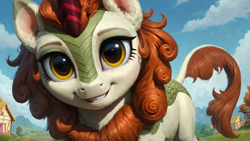 Size: 1920x1080 | Tagged: safe, ai content, derpibooru import, generator:pony diffusion v6 xl, generator:stable diffusion, machine learning generated, autumn blaze, kirin, g4, close-up, female, leonine tail, looking at you, prompter:truekry, smiling, smiling at you, solo, tail, wallpaper