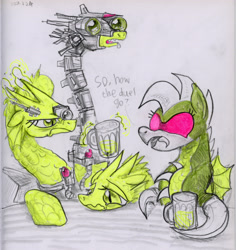 Size: 3963x4197 | Tagged: safe, artist:ja0822ck, derpibooru import, kaiju, kaiju pony, pony, alcohol, beer, gigan, king ghidorah, mecha king ghidorah, ponified, species swap, traditional art