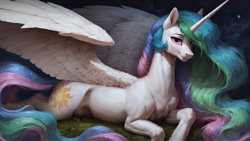 Size: 1920x1080 | Tagged: safe, ai content, derpibooru import, generator:pony diffusion v6 xl, generator:stable diffusion, machine learning generated, princess celestia, alicorn, pony, g4, female, grass, looking at you, lying down, lying on the ground, mare, night, on ground, prompter:truekry, prone, smiling, smiling at you, spread wings, wallpaper, wings