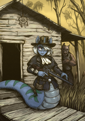 Size: 2480x3508 | Tagged: safe, artist:joeduncan, derpibooru import, oc, oc only, oc:triksa, lamia, original species, pig, crossover, duster coat, gun, hunt showdown, hunter, jabot, shack, shotgun, swamp, weapon, western