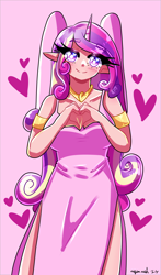 Size: 2258x3850 | Tagged: safe, artist:mylittleyuri, derpibooru import, princess cadance, human, alicorn humanization, breasts, clothes, cute, cutedance, dress, elf ears, female, heart, heart eyes, heart hands, horn, horned humanization, humanized, jewelry, pink background, regalia, simple background, solo, wingding eyes, winged humanization, wings