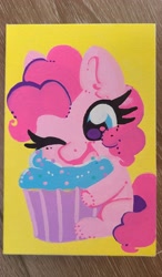 Size: 2214x3786 | Tagged: safe, artist:lbrcloud, derpibooru import, part of a set, pinkie pie, earth pony, pony, g4, chibi, cupcake, eating, food, one eye closed, solo, traditional art