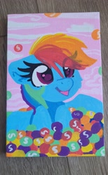 Size: 2200x3582 | Tagged: safe, artist:lbrcloud, derpibooru import, part of a set, rainbow dash, pegasus, pony, bust, candy, food, ponies in food, portrait, skittles, smiling, solo, traditional art