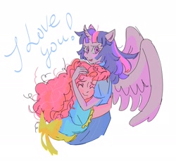 Size: 2175x1995 | Tagged: safe, artist:junglicious64, derpibooru import, pinkie pie, twilight sparkle, twilight sparkle (alicorn), alicorn, equestria girls, g4, blue text, blushing, bow, clothes, colored pinnae, colored sketch, curly hair, curved horn, dress, duo, duo female, eyelashes, eyes closed, female, height difference, holding each other, horn, hug, lesbian, long hair, looking back, messy hair, open mouth, open smile, partially open wings, pink hair, pink skin, pony ears, purple eyes, purple hair, purple skin, shipping, simple background, sketch, smiling, text, thin, twinkie, white background, wings