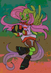 Size: 595x842 | Tagged: safe, artist:junglicious64, derpibooru import, fluttershy, pegasus, pony, g4, abstract background, alien nine, alternate color palette, alternate eye color, clothes, eyelashes, female, flying, frown, gloves, green coat, green eyes, hooves together, jacket, lidded eyes, long mane, long tail, mare, pink mane, pink tail, roller skates, shorts, skates, solo, sparkly mane, sparkly tail, spread wings, tail, wings