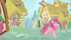 Size: 1280x720 | Tagged: safe, artist:junglicious64, derpibooru import, pinkie pie, pony, blue eyes, building, cloud, curly hair, curly mane, curly tail, day, detailed background, female, mare, pink coat, pink mane, pink tail, ponyville, smiling, solo, tail, walking
