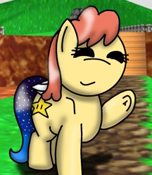 Size: 1083x1252 | Tagged: safe, artist:foxfer64_yt, derpibooru import, oc, oc only, oc:power star, pegasus, pony, mar10 day, raised hoof, raised leg, rule 85, smiling, solo, super mario 64, super mario bros., waving