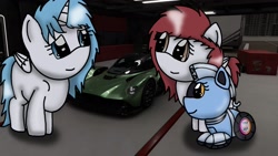 Size: 1920x1080 | Tagged: safe, artist:foxfer64_yt, derpibooru import, oc, oc:silverstream (robot pony), alicorn, original species, pegasus, pony, robot, robot pony, car, garage, looking at each other, looking at someone, looking at something, pitlanes, wheelpone