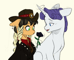 Size: 1280x1042 | Tagged: safe, artist:chub-wub, derpibooru import, applejack, elusive, rarity, earth pony, pony, unicorn, alternate hairstyle, applejack's hat, black rose, blushing, clothes, coat, cowboy hat, duo, duo male and female, ear piercing, earring, eyeshadow, female, flower, glowing, glowing horn, goth, half r63 shipping, hat, horn, jewelry, lesbian, magic, makeup, male, mare, open mouth, piercing, rarijack, rose, rule 63, ship:elusivejack, shipping, shirt, simple background, stallion, straight, trans male, transgender, white background