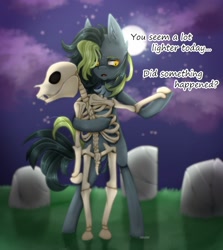 Size: 1070x1200 | Tagged: safe, artist:aakariu, derpibooru import, earth pony, pony, art, bipedal, bone, chest fluff, commission, gravestone, graveyard, male, night, skeleton, solo, stallion, text