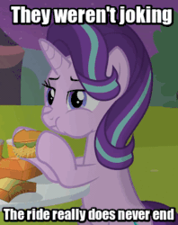 Size: 307x387 | Tagged: safe, artist:agrol, derpibooru import, starlight glimmer, pony, unicorn, animated, burger, caption, cheek bulge, eating, female, food, frown, hay burger, horn, image macro, lidded eyes, mare, meta, starlight glimmer is not amused, text, the ride never ends, time for two, unamused, you're here forever