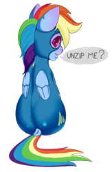Size: 1080x1654 | Tagged: safe, artist:zettaidullahan, derpibooru import, rainbow dash, pegasus, pony, g4, butt, clothes, colored pupils, dialogue, dock, female, folded wings, looking at you, looking back, looking back at you, looking over shoulder, mare, open mouth, open smile, plot, rainbutt dash, rear view, shiny, simple background, sitting, skintight clothes, smiling, smiling at you, solo, speech bubble, tail, talking to viewer, transparent background, uniform, wings, wonderbolts uniform, zipper