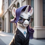 Size: 1024x1024 | Tagged: safe, ai content, machine learning generated, rarity, pony, unicorn, bridle, building, bust, city, clothed ponies, clothes, female, generator:everclear pny by zovya, jewelry, looking at you, mare, open mouth, secret agent, semi-realistic, sitting, solo, suit, sunglasses