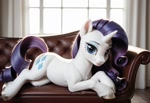 Size: 1216x832 | Tagged: safe, ai content, machine learning generated, rarity, pony, unicorn, fainting couch, female, generator:everclear pny by zovya, looking at you, lying down, mare, prone, semi-realistic, smiling, smiling at you, solo, unshorn fetlocks, window