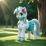 Size: 1024x1024 | Tagged: safe, ai content, machine learning generated, lyra heartstrings, pony, unicorn, clothed ponies, clothes, female, flower, flower in hair, full body, generator:everclear pny by zovya, grass, kneesocks, looking at you, mare, outdoors, pleated skirt, semi-realistic, shirt, skirt, smiling, smiling at you, socks, solo, thigh highs, tree, unshorn fetlocks