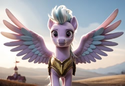 Size: 1216x832 | Tagged: safe, ai content, machine learning generated, cloudchaser, pegasus, pony, alternate hairstyle, armor, female, fluffy, generator:everclear pny by zovya, looking at you, mare, multicolored wings, semi-realistic, solo, spread wings