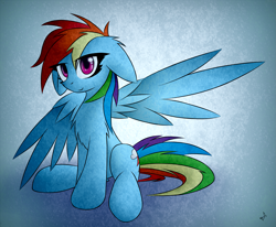 Size: 2255x1857 | Tagged: safe, artist:n_thing, derpibooru import, rainbow dash, pegasus, pony, g4, abstract background, chest fluff, ears, female, floppy ears, looking at you, mare, sitting, smiling, smiling at you, solo, spread wings, wings