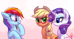 Size: 1500x800 | Tagged: safe, artist:whitediamonds, derpibooru import, applejack, rainbow dash, rarity, earth pony, pegasus, pony, unicorn, g4, applejack's hat, blushing, clothes, cowboy hat, crying, eyebrows, eyebrows visible through hair, eyeshadow, female, freckles, frown, gradient background, grin, hat, horn, laughing, lesbian, makeup, mare, profile, raised hoof, raised leg, rarijack, rarijack daily, rarity is not amused, shipping, signature, sitting, snickering, tears of laughter, teary eyes, trio, trio female, tumblr, unamused