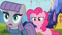 Size: 1390x781 | Tagged: safe, derpibooru import, screencap, maud pie, pinkie pie, pony, g4, rock solid friendship, butt touch, c:, discovery family logo, faic, female, friendshipper on deck, hoof on butt, out of context, push, pushing, rump push, smiling, surprised, twilight's castle