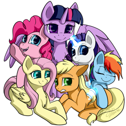 Size: 1743x1743 | Tagged: safe, artist:gleamydreams, derpibooru import, applejack, fluttershy, pinkie pie, rainbow dash, rarity, twilight sparkle, twilight sparkle (alicorn), alicorn, earth pony, pegasus, pony, unicorn, g4, brush, chest fluff, cute, ear fluff, ears, eyes closed, female, folded wings, glowing, glowing horn, gritted teeth, group, horn, looking at you, loose hair, lying down, magic, magic aura, mane six, mare, open mouth, open smile, prone, sextet, signature, simple background, smiling, smiling at you, spread wings, teeth, telekinesis, transparent background, underhoof, wings