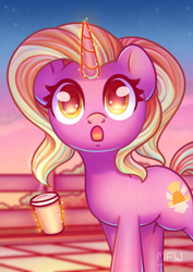 Size: 2480x3508 | Tagged: safe, artist:musicfirewind, derpibooru import, luster dawn, pony, unicorn, g4, the last problem, :o, coffee cup, cup, cute, female, fence, glowing, glowing horn, high res, horn, levitation, looking at you, lusterbetes, magic, magic aura, mare, open mouth, outdoors, solo, telekinesis