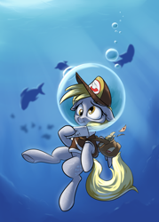 Size: 2000x2800 | Tagged: safe, artist:rocket-lawnchair, derpibooru import, derpy hooves, dolphin, fish, pegasus, pony, g4, bag, birthday gift, bubble, bubble helmet, bubble on head, crepuscular rays, derp, digital art, female, fins, fish tail, flowing mane, flowing tail, hat, high res, hoof hold, letter, mail, mailbag, mailmare, mailmare hat, mailmare uniform, mare, ocean, solo, sunlight, swimming, tail, underhoof, underwater, water, yellow mane, yellow tail