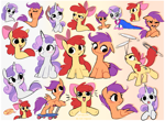 Size: 2723x2000 | Tagged: safe, artist:syrupyyy, derpibooru import, apple bloom, scootaloo, sweetie belle, earth pony, pegasus, pony, unicorn, for whom the sweetie belle toils, g4, the cutie pox, 5-year-old sweetie belle, accessory swap, apple bloom's bow, blushing, bow, buy some apples, cutie mark crusaders, emanata, eye clipping through hair, eyes closed, female, filly, foal, gradient background, hair bow, high res, horn, open mouth, open smile, scooter, sitting, smiling, trio