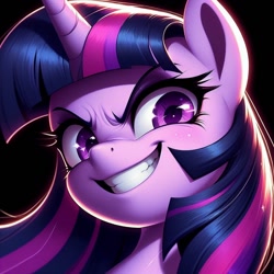 Size: 1024x1024 | Tagged: safe, ai content, derpibooru import, generator:dall-e 3, machine learning generated, twilight sparkle, g4, black background, female, looking at you, mare, prompter needed, simple background, smiling