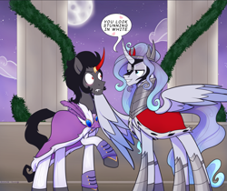 Size: 3852x3231 | Tagged: safe, artist:razzy, derpibooru import, king sombra, oc, oc:prince plushy soft, alicorn, pony, unicorn, cape, clothes, clothes swap, cute, feather, gay, horn, male, stallion, wings