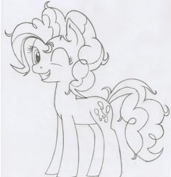 Size: 2044x2120 | Tagged: safe, artist:robin jacks, derpibooru import, pinkie pie, earth pony, pony, female, mare, monochrome, one eye closed, solo, traditional art, wink